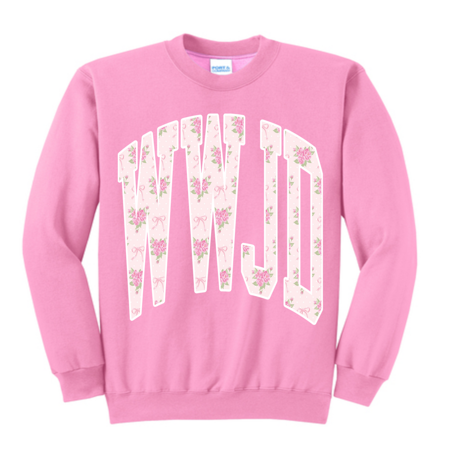 Port and Co Brand WWJD Floral Print Sweatshirt/ Religious Sweatshirt/ Adult Sizes