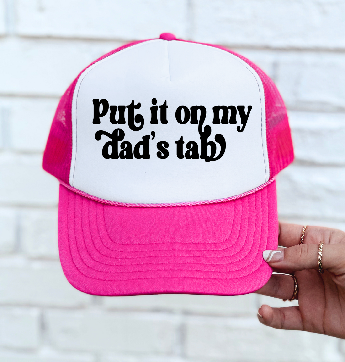 YOUTH or ADULT Put It On My Dad's Tab/ Pink and White Otto Hat/ Vacation Hat/ Summer Hats