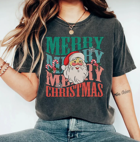 Bella or Comfort Colors Merry Christmas Santa Vintage Tee/ Long or Short Sleeve Options