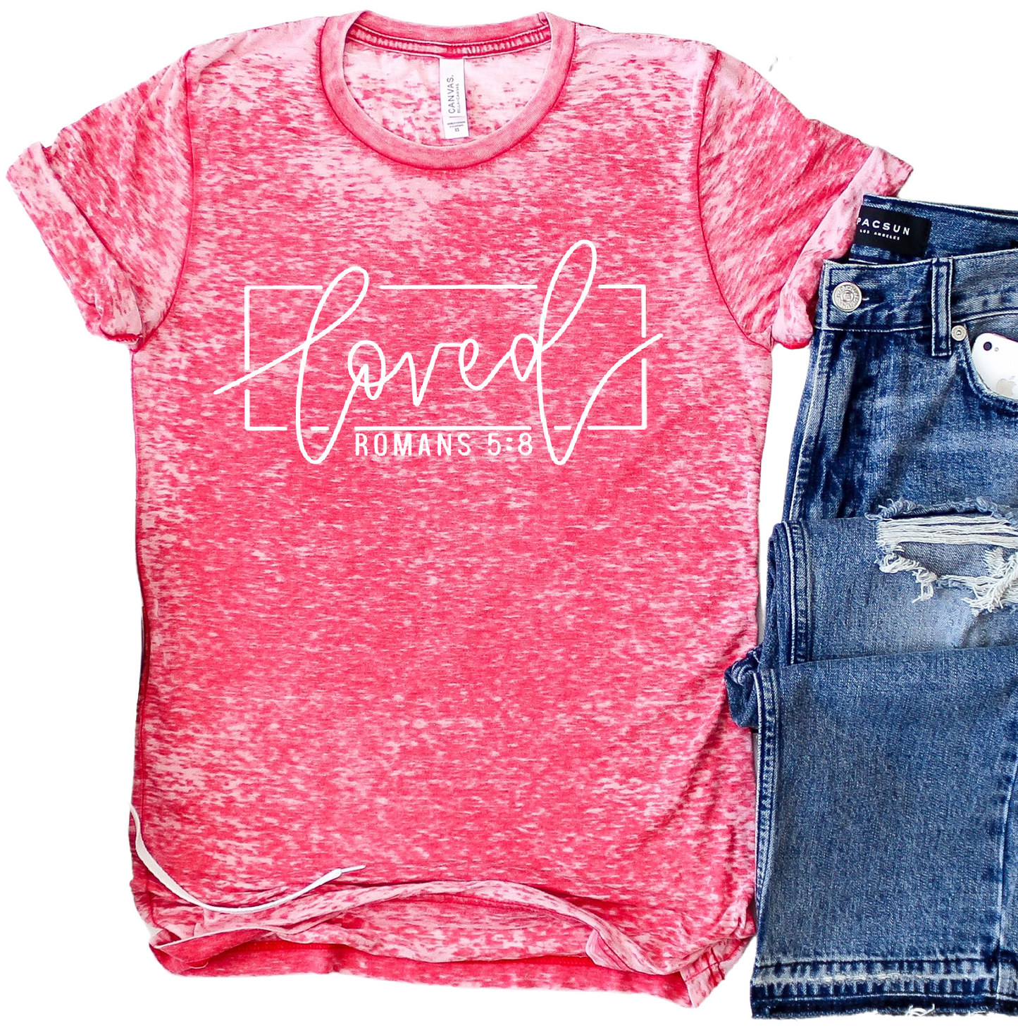 Acid Washed Red - Loved - Romans 5:8 Tee - Perfect Valentines Day Gift / Gifts for Her