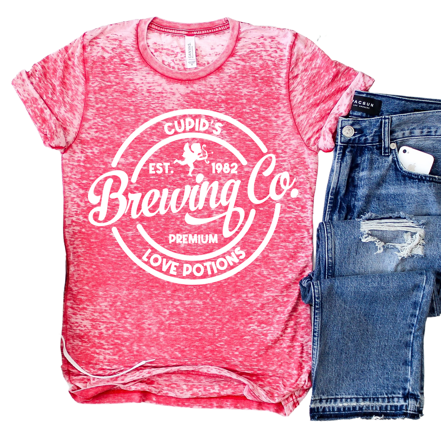 Acid Washed Red - Cupids Brewing Tee - Perfect Valentines Day Gift / Gifts for Her or Him