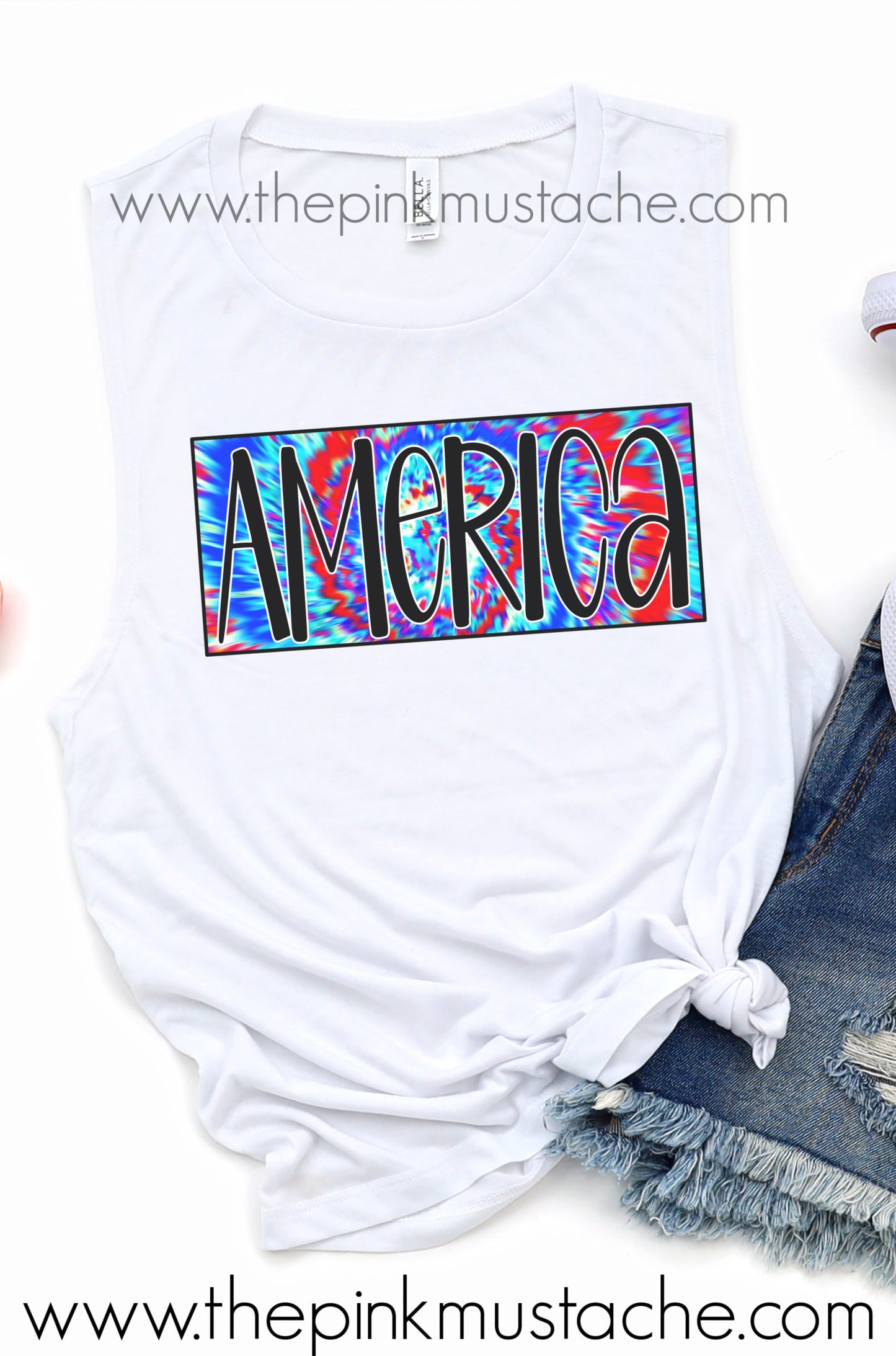 America Tie Dye Red/White/Blue Print Muscle Tank