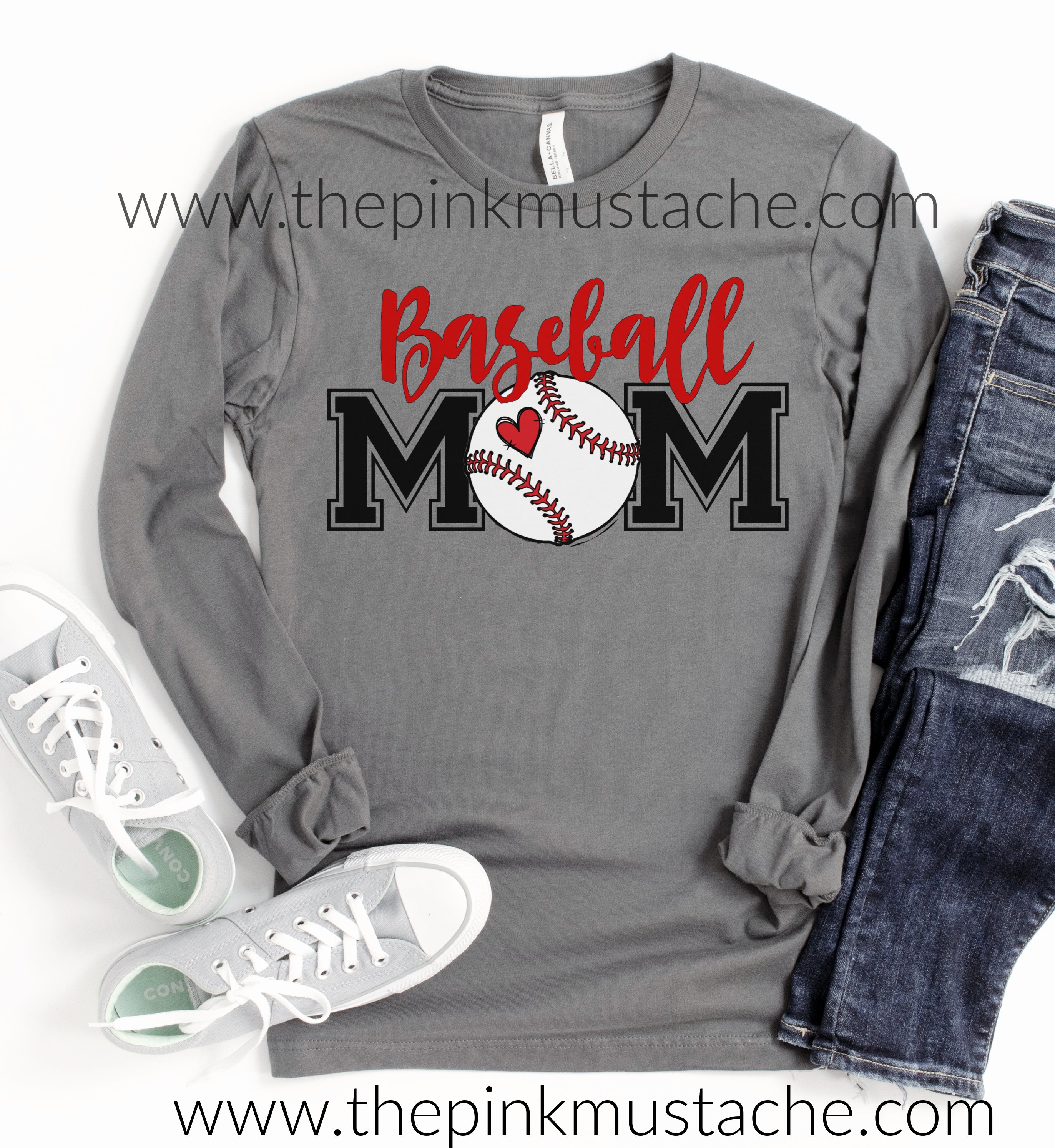 The Pink Mustache Bella Long Sleeved Baseball Mom Shirt / Baseball Mom Tee / Quality Long Sleeved Shirt Adult M