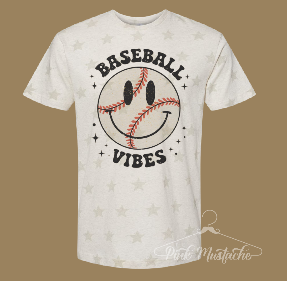 Baseball Vibes Smiley Retro Star Printed Tee -Unisex Adult Sized Baseball Shirt/ Softball Shirt/ Baseball Mom Tee