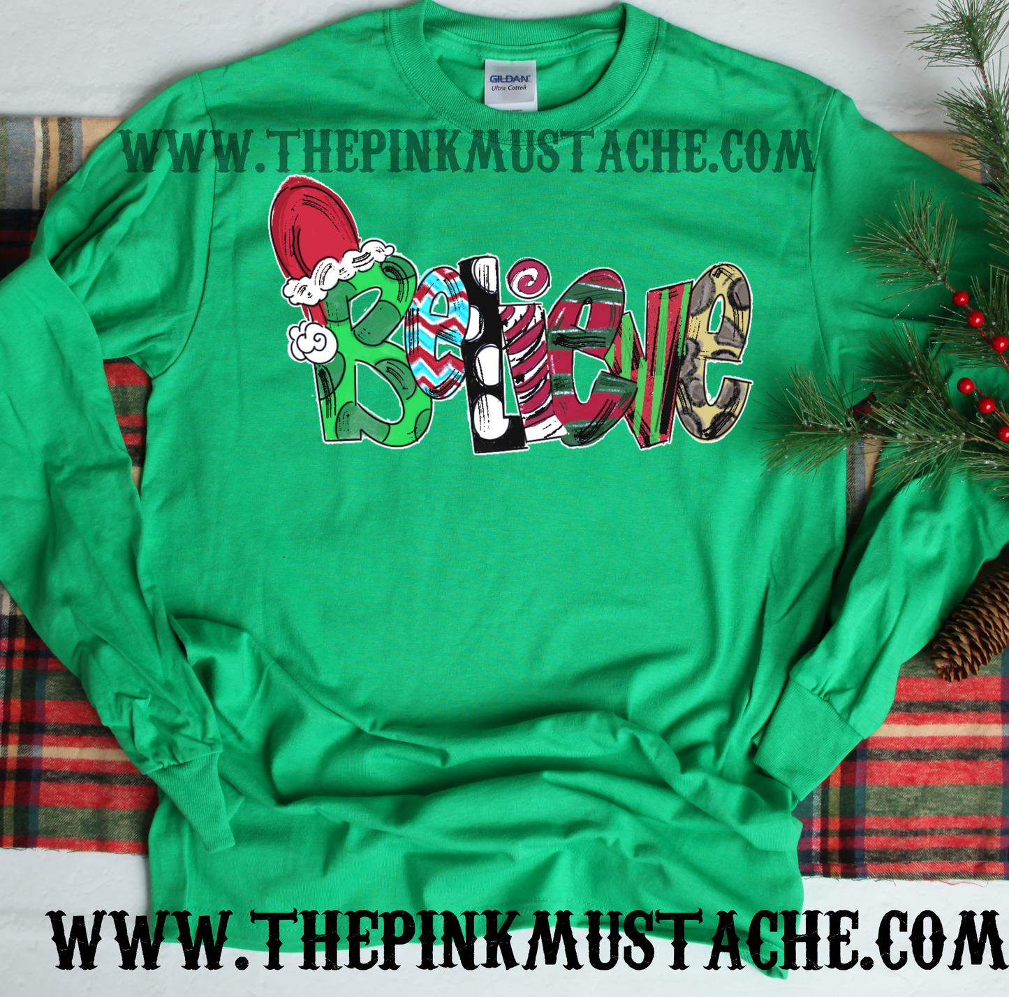 Long Sleeved Believe Hand Drawn Christmas Print Shirt /Christmas T-Shirt/ Youth and Adult Sizes Available