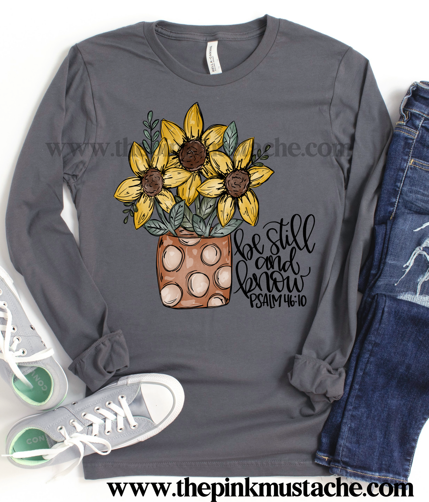 Long Sleeved Sunflower Be Still And Know Psalm 46:10 Bella Canvas Shirt /Religious T-Shirt
