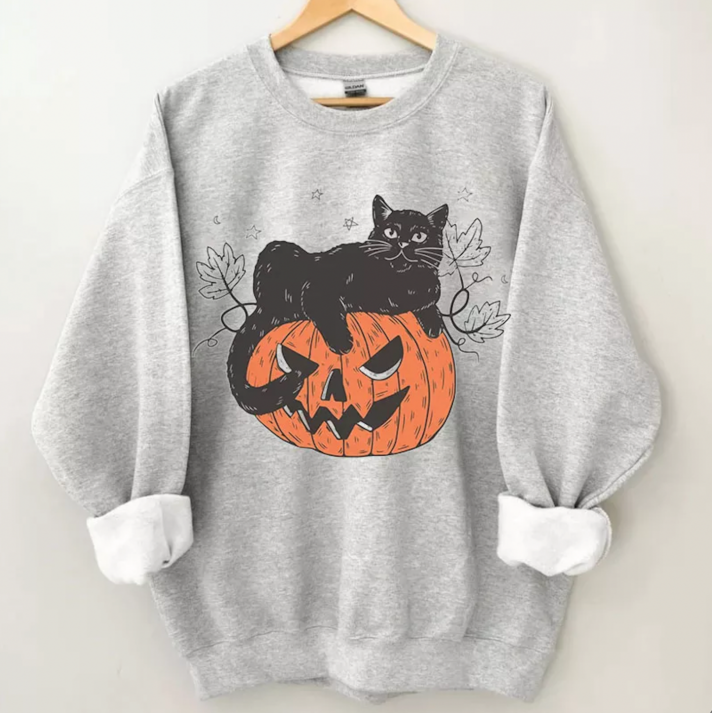 Gildan or Bella Canvas Brand Black Cat on a Pumpkin Halloween Sweatshirt - Youth and Adult Sizes