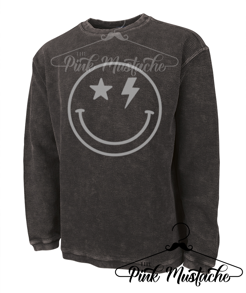 Rocker Smiley Face -Quality Corded Sweatshirt Charles River Camden Crew - Southern Style/ Western Style/ Valentines FunStyle