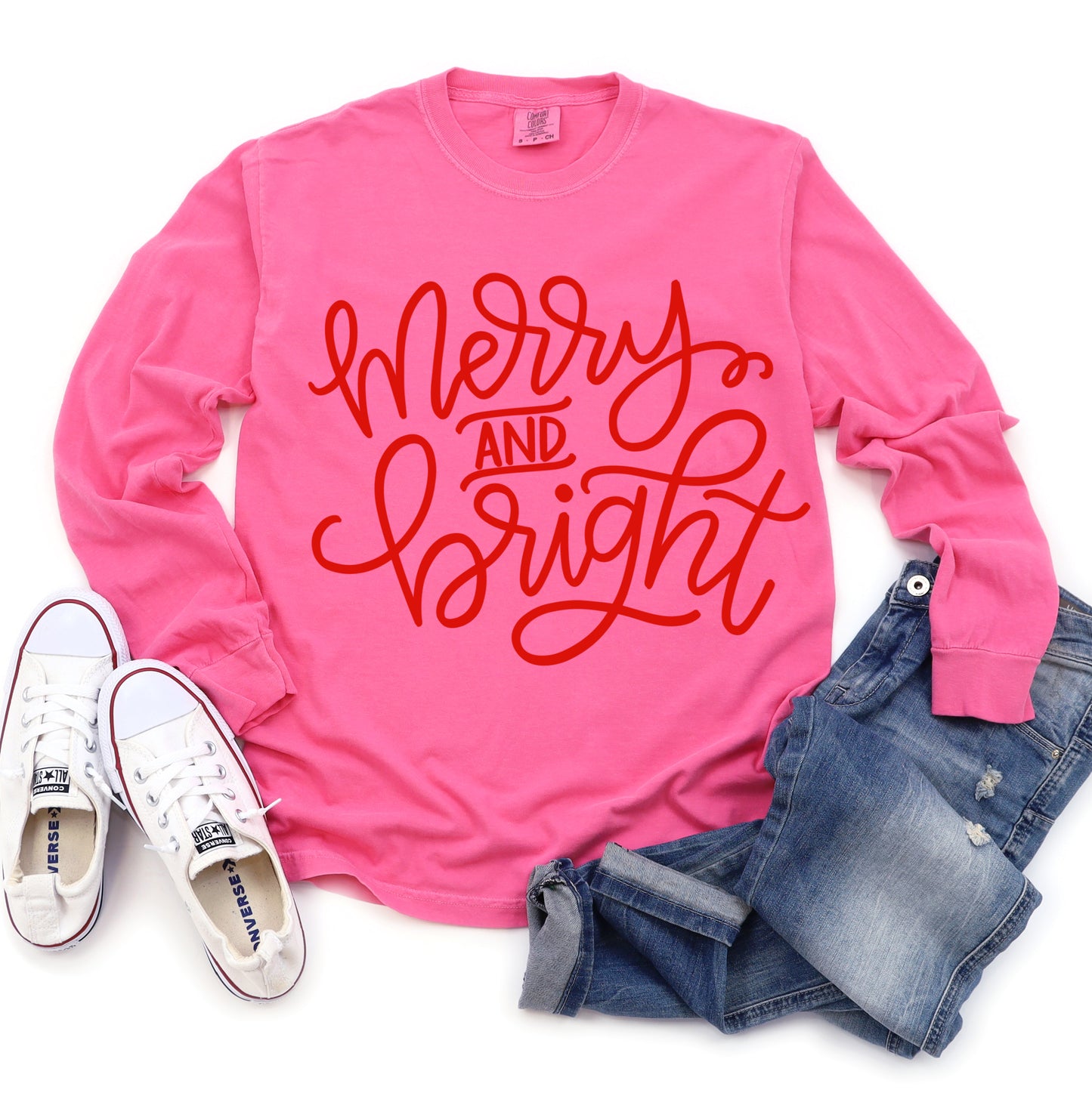 Comfort Colors Long Sleeved Pink Merry and Bright Tee - Youth and Adult Sizes - Christmas Shirt