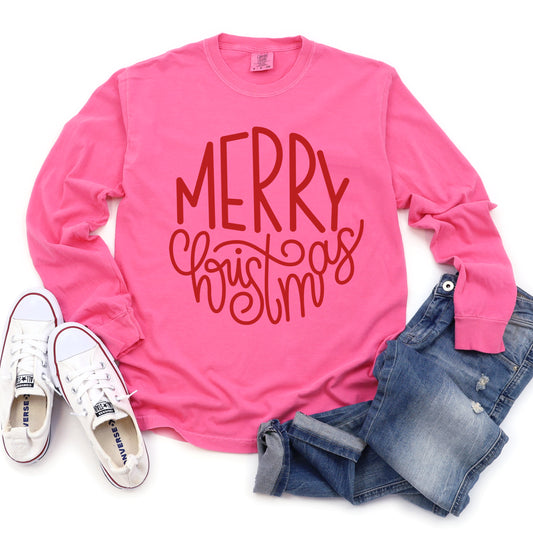 Comfort Colors Long Sleeved Pink Merry Christmas Tee -  Adult Sizes - Christmas Shirt