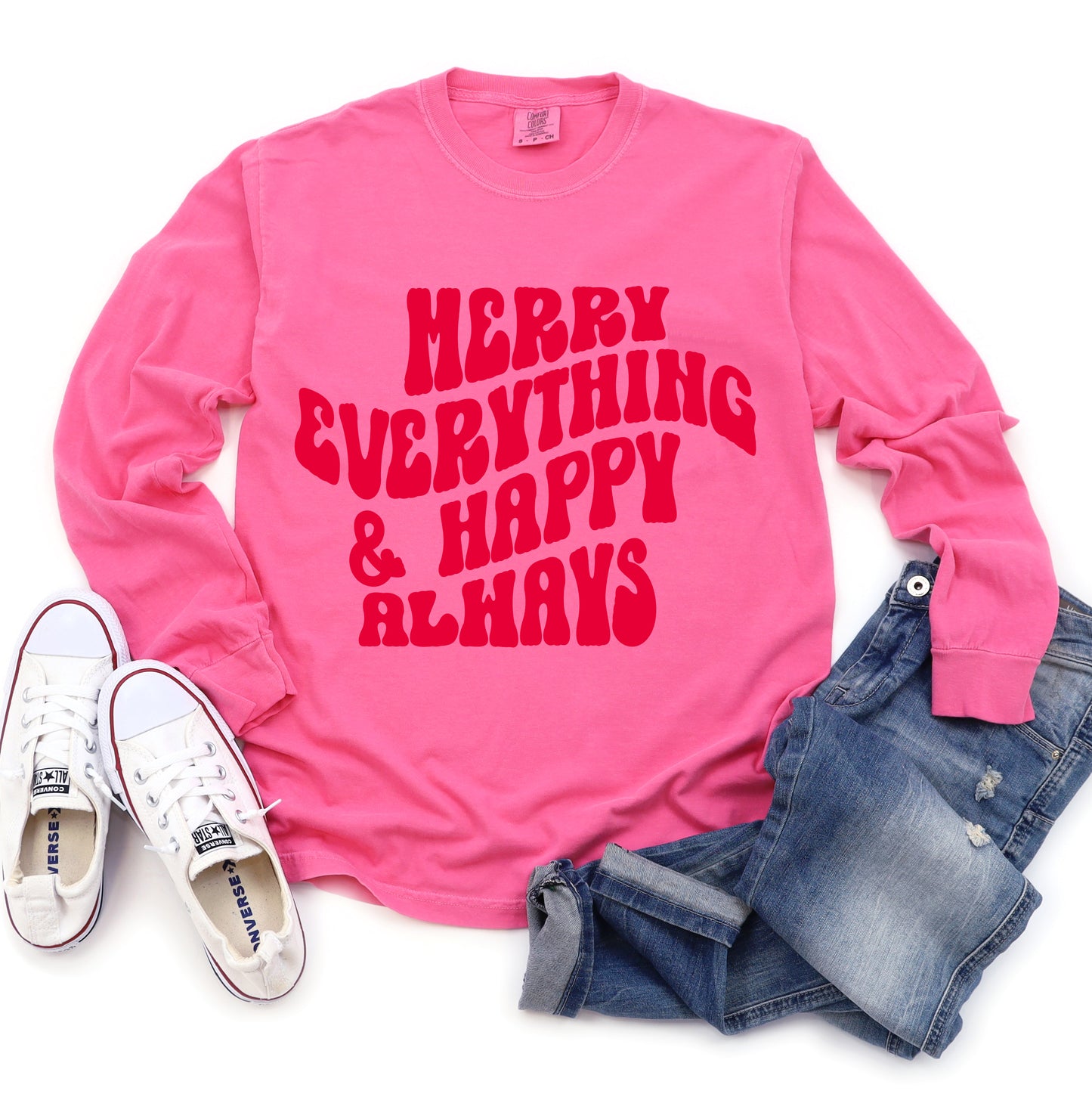 Comfort Colors Long Sleeved Pink Merry Everything and Happy Always Tee - Youth and Adult Sizes - Christmas Shirt