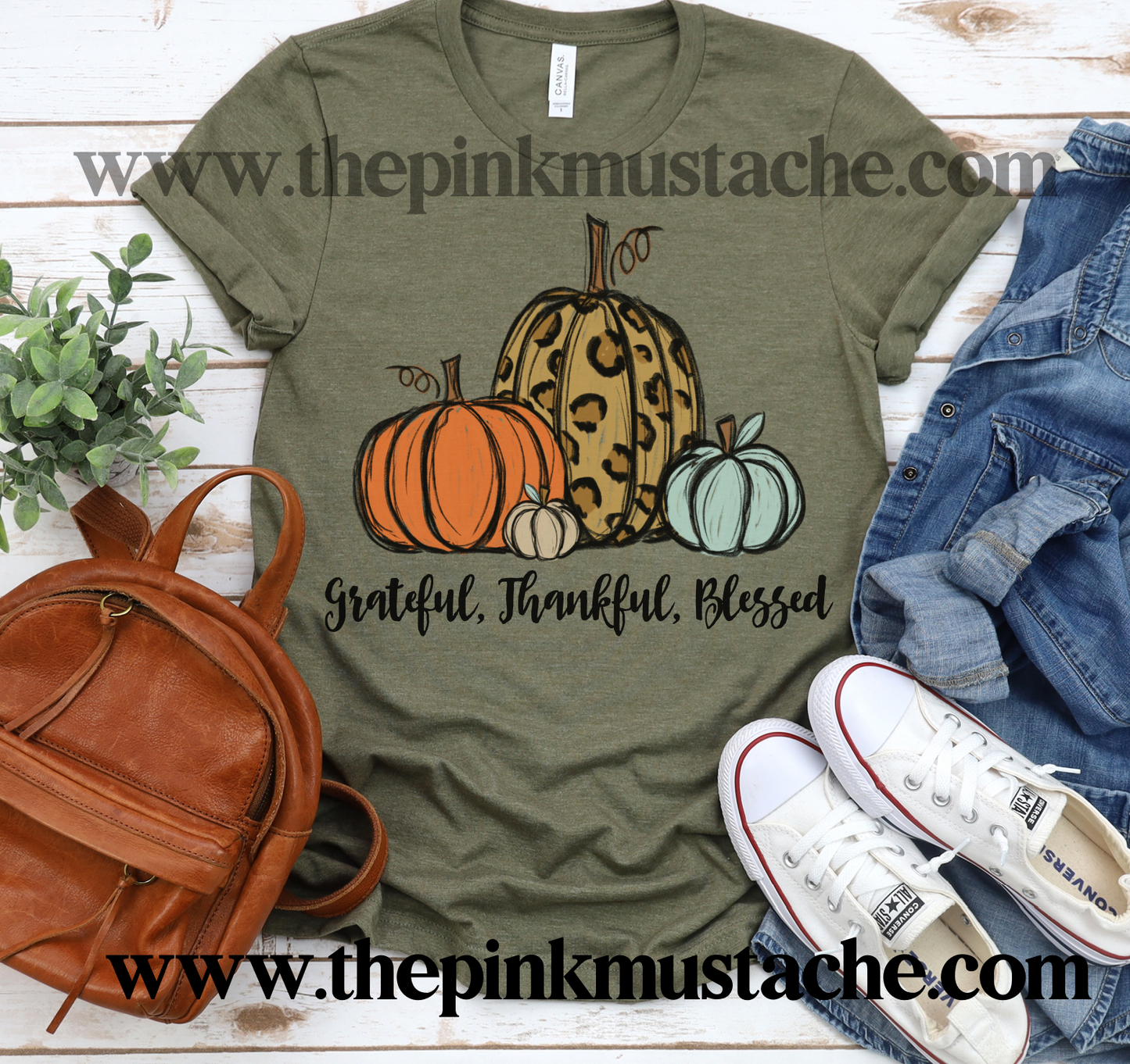 Grateful, Thankful, Blessed Hand Painted Pumpkins Tee/ Bella Canvas Fall Tee/ Fall T-Shirt with Pumpkins / Leopard Pumpkins