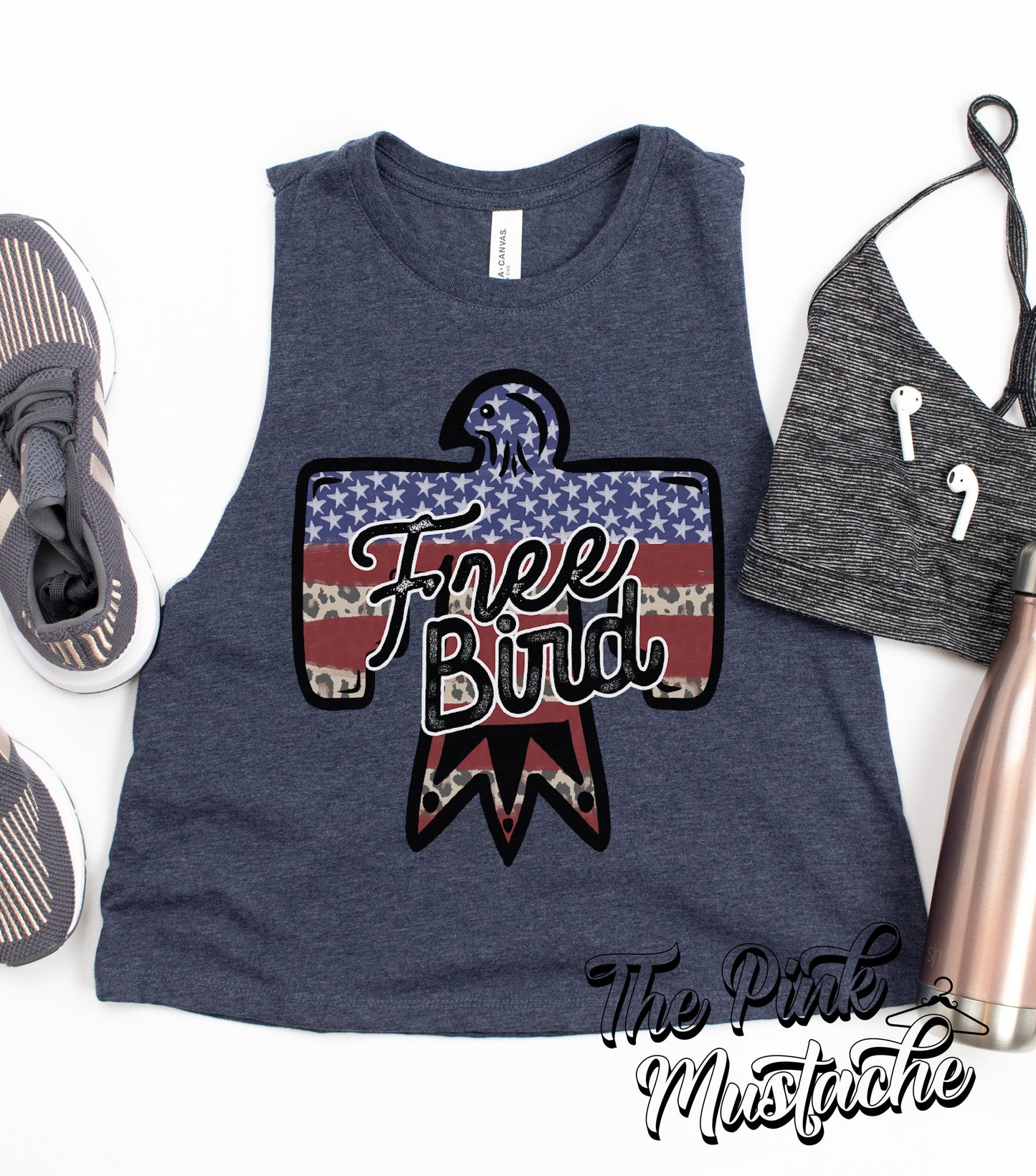 Cropped Bella Tank Free Bird Leopard USA 4th of July Racerback Tank Top