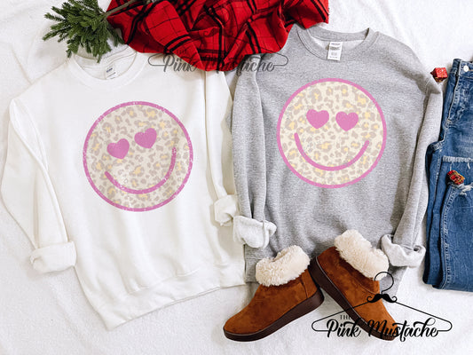 Heart Leopard Distressed Smiley Face Sweatshirt/ Super Cute Unisex Sized Sweatshirt/ Youth and Adult Options