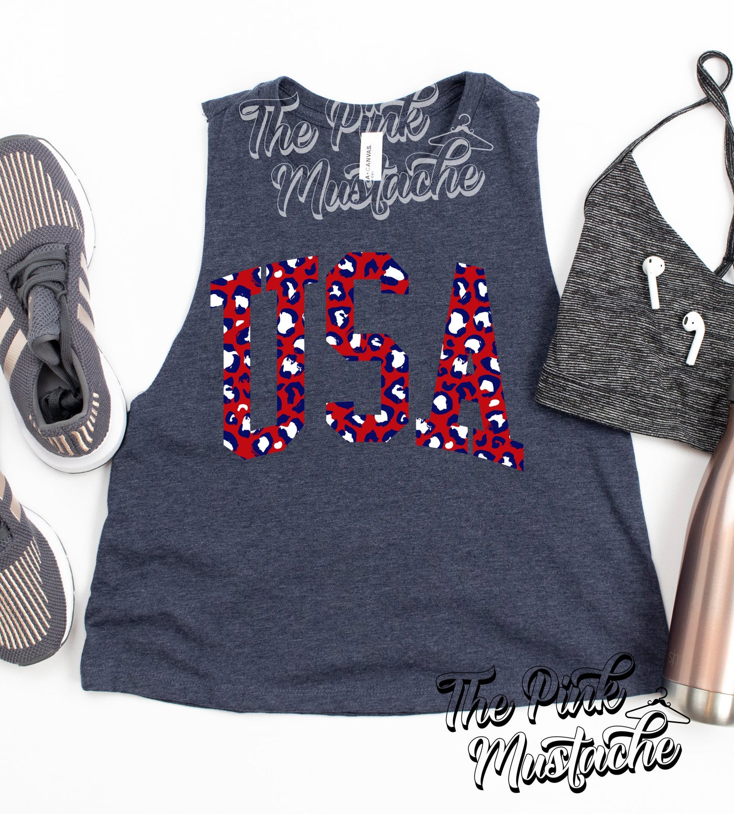 Cropped Bella Tank Leopard USA 4th of July Racerback Tank Top