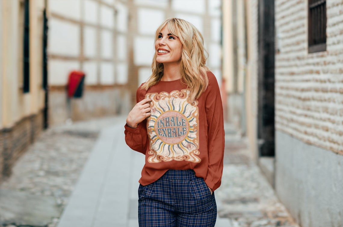 Long Sleeved Inhale Exhale - Retro Vibes Softstyle Bella Tee / Fun Hippie Vibes Tee
