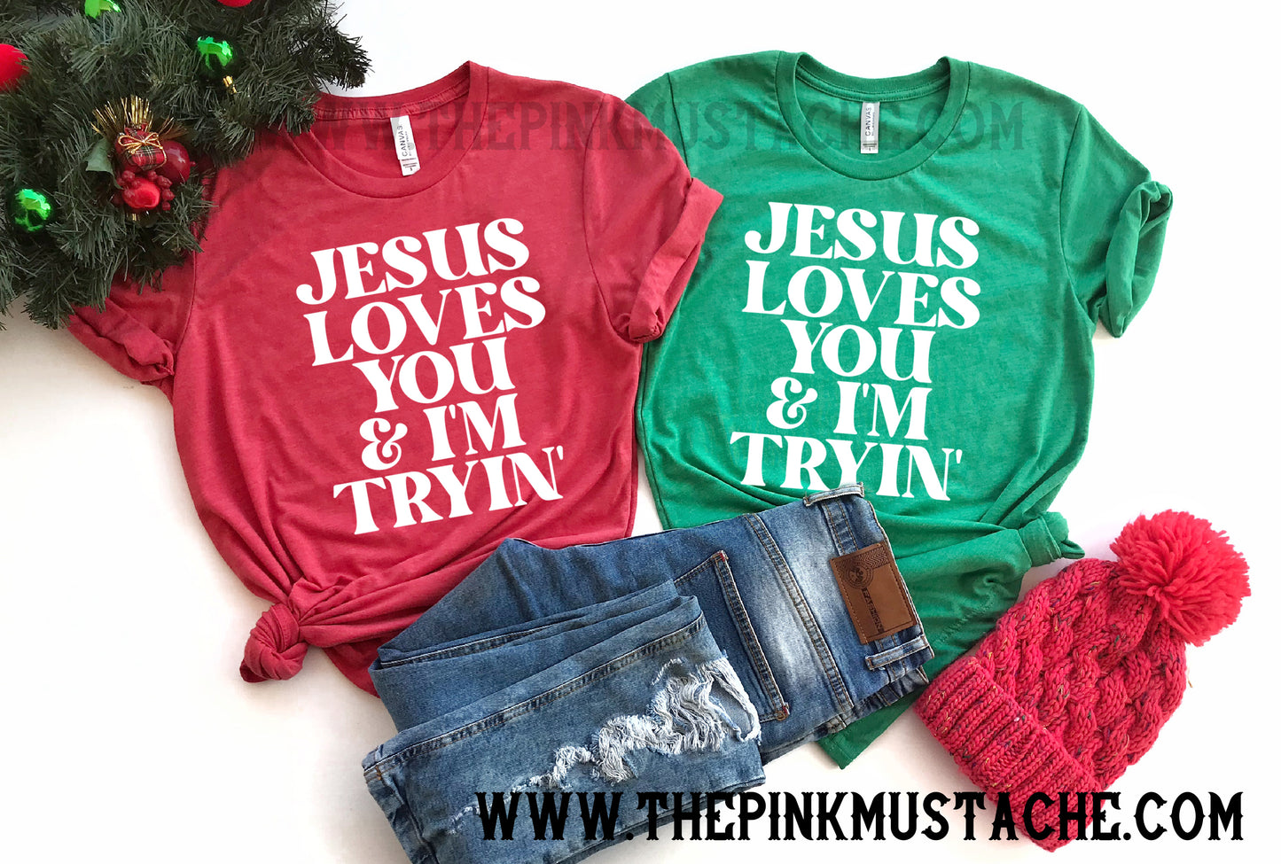 Jesus Loves You and I'm Tryin' - Funny Matching Shirts / Couple Matching Tees / Friend Family Christmas Shirts