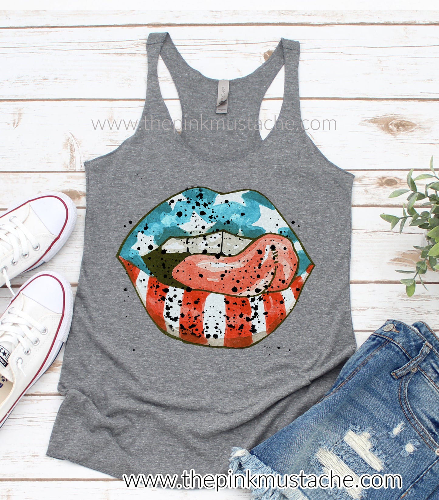 4th of July USA Merica Lips Watercolor Patriotic Watercolor Racerback Tank Top