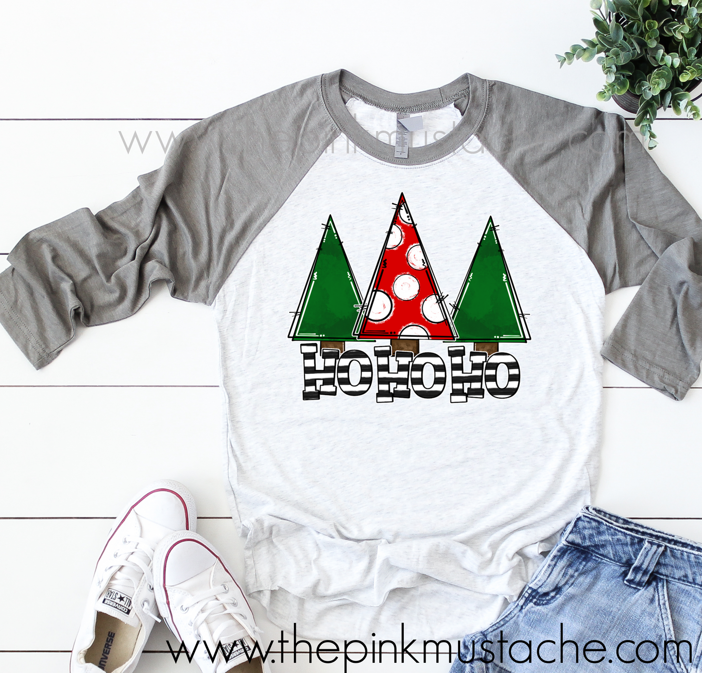 Christmas Tree Ho Ho Ho Raglan Baseball Tee - Youth and Adult Size - Christmas Shirt
