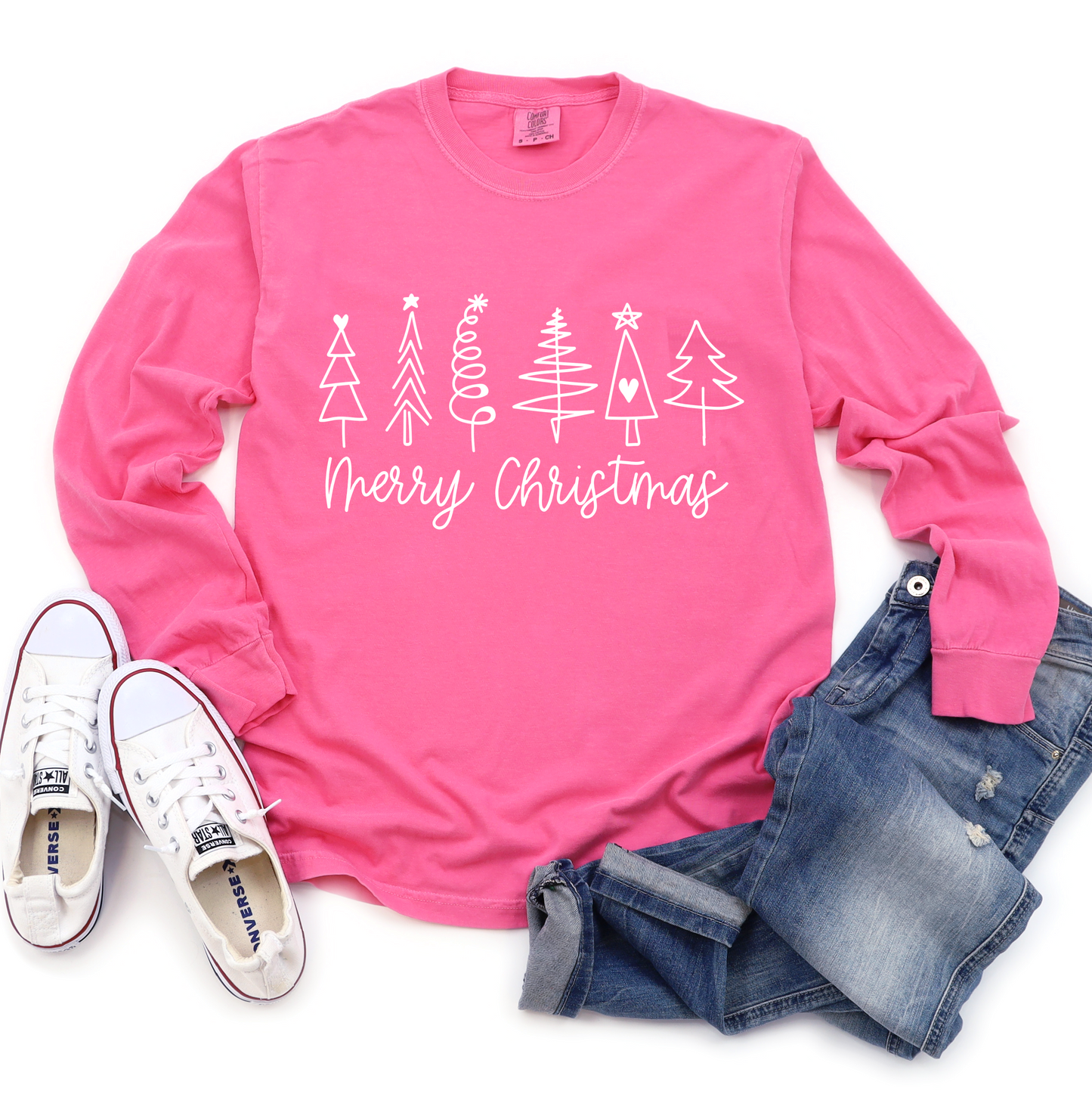 Comfort Colors Long Sleeved Pink Merry Christmas Trees Tee- Adult Size - Christmas Shirt
