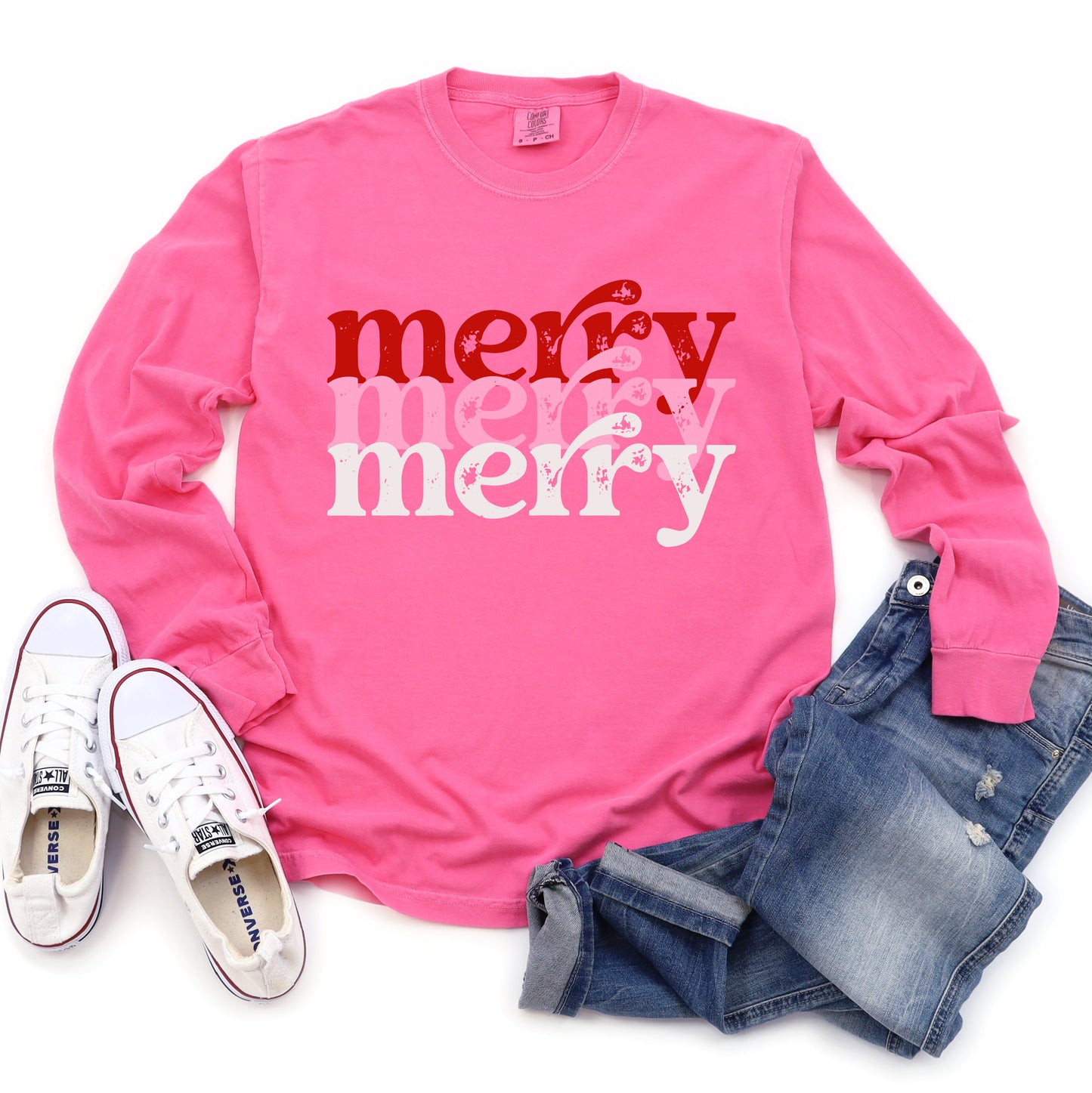 Comfort Colors Long Sleeved Pink Merry Merry Merry Tee - Adult Sizes - Christmas Shirt