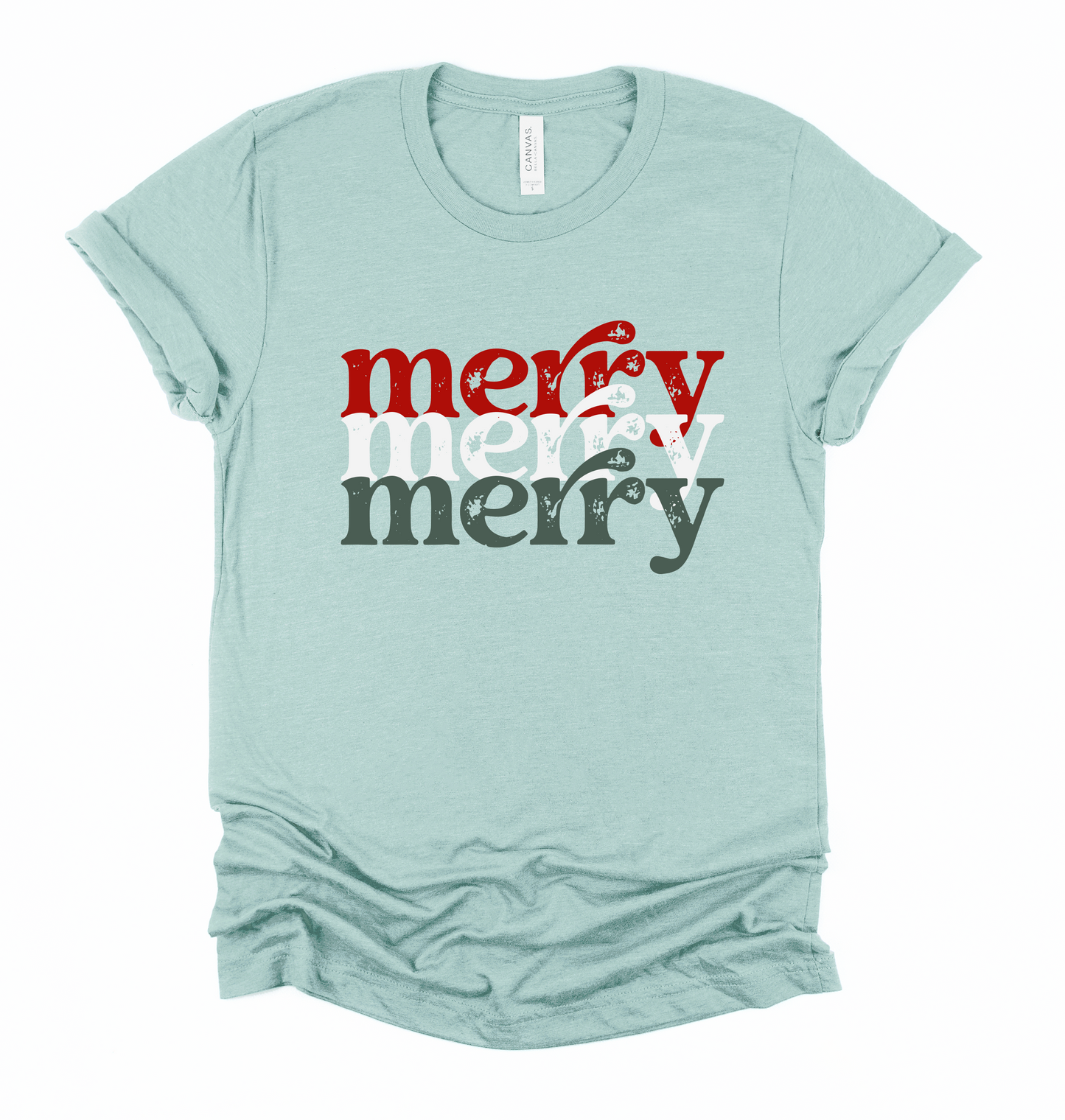 Dusty Blue Short Sleeved Merry Merry Merry Tee - Youth and Adult Sizes - Christmas Shirt