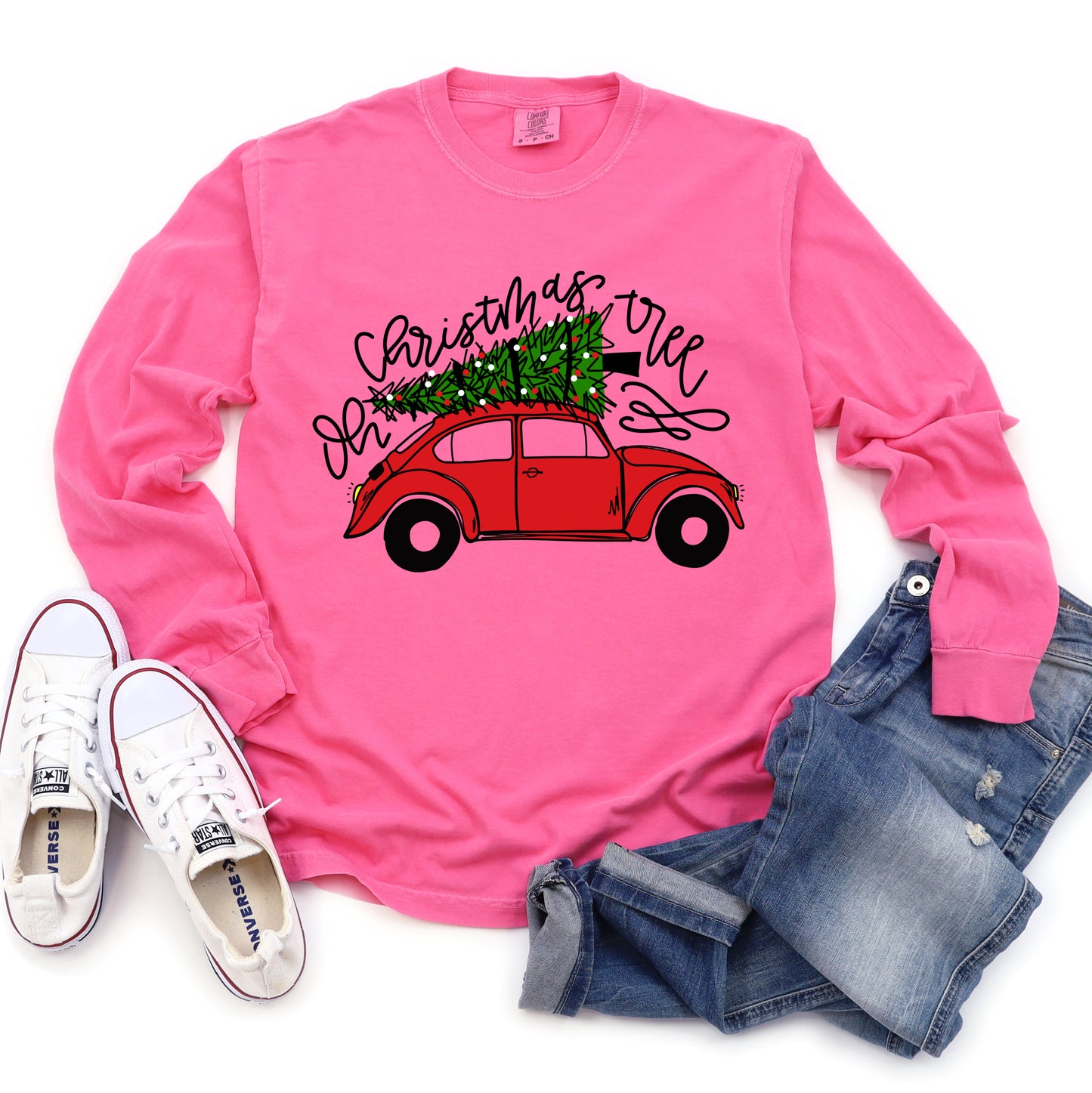 Comfort Colors Long Sleeved Pink Oh Christmas Tree Bug Car Tee- Adult Size - Christmas Shirt