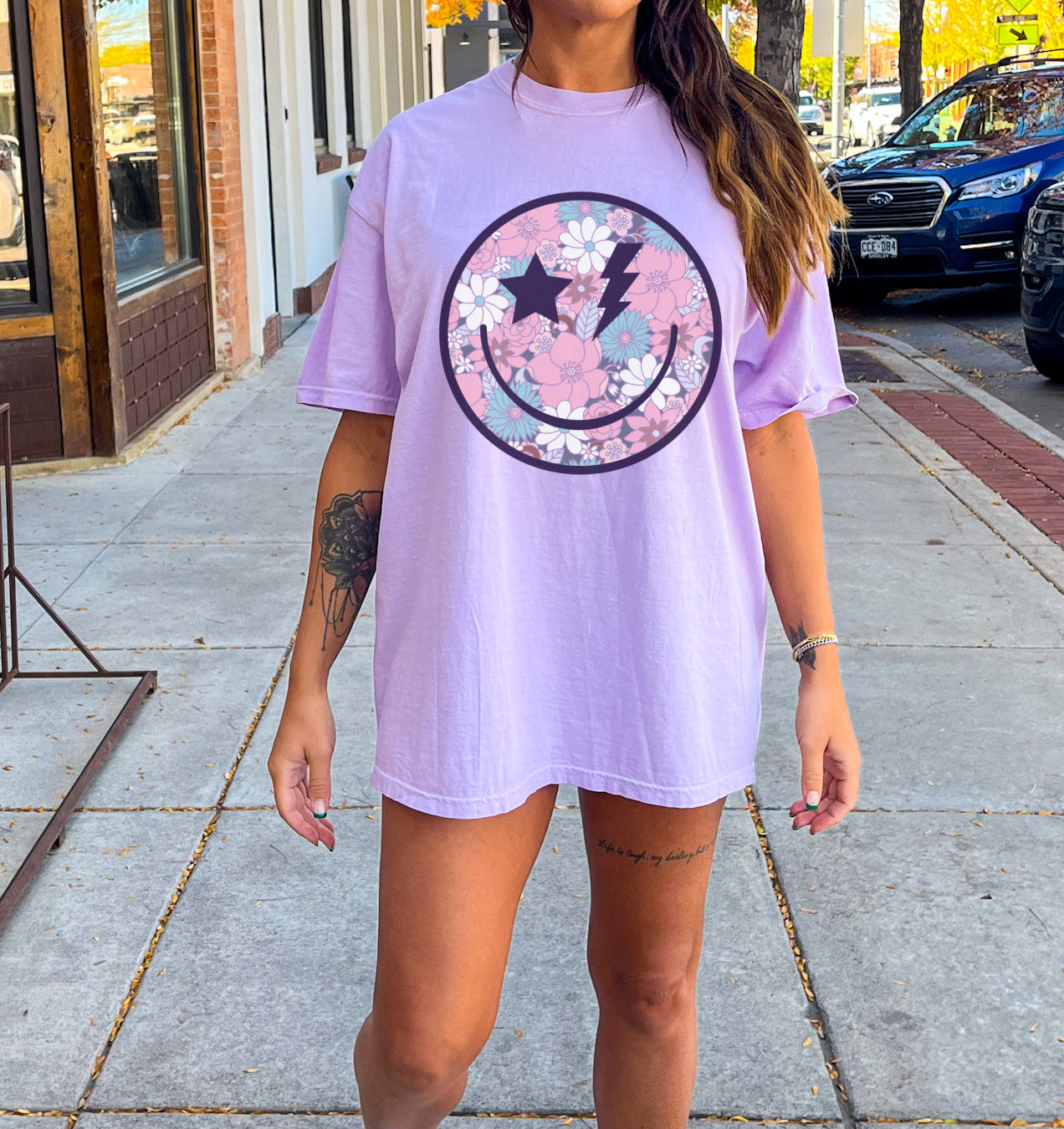 Comfort Colors Purple Floral Smiley Shirt
