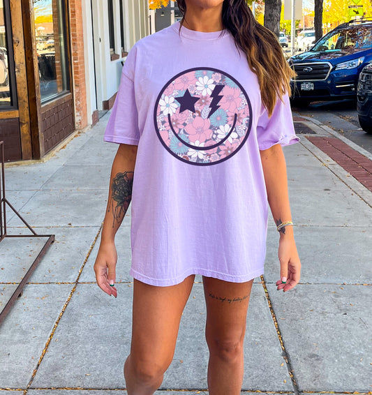 Comfort Colors Purple Floral Smiley Shirt