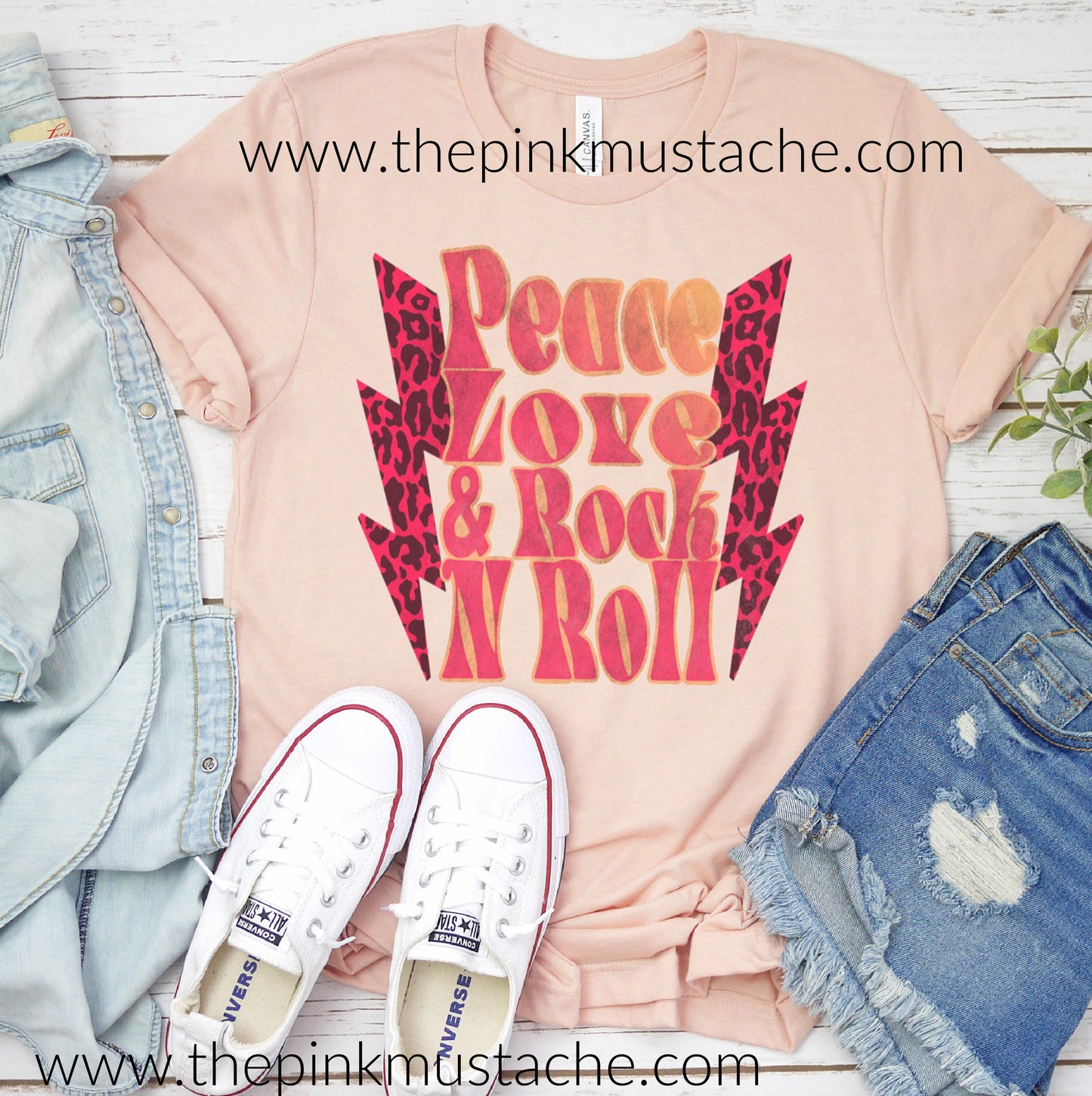 Peace Love Rock N Roll Peach Tee / Distressed Grunge Rocker Tee/ Rock N Roll Shirt