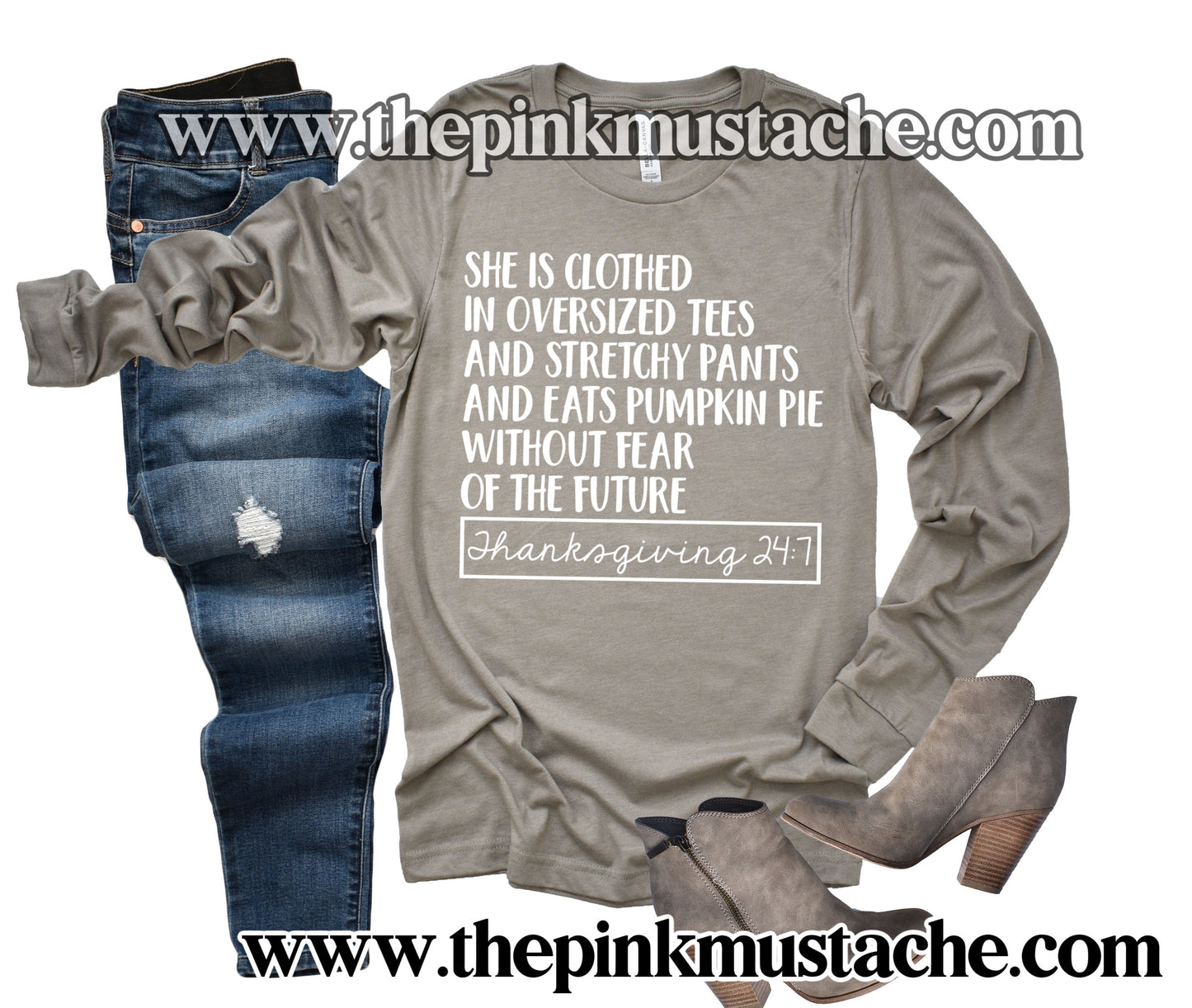 Long Sleeve She Is Clothed In Oversized Tees, Eats Pumpkin Pie Without Fear of the Future - Thanksgiving 24/7 Funny Fall Tee/ Bella Canvas Tees