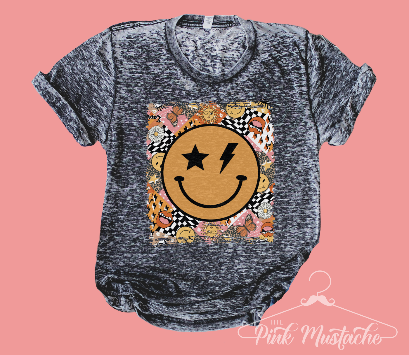 Acid Washed Grunge 90's Smiley Rocker Tee/ Rock N Roll Shirt - Acid Washed Tee