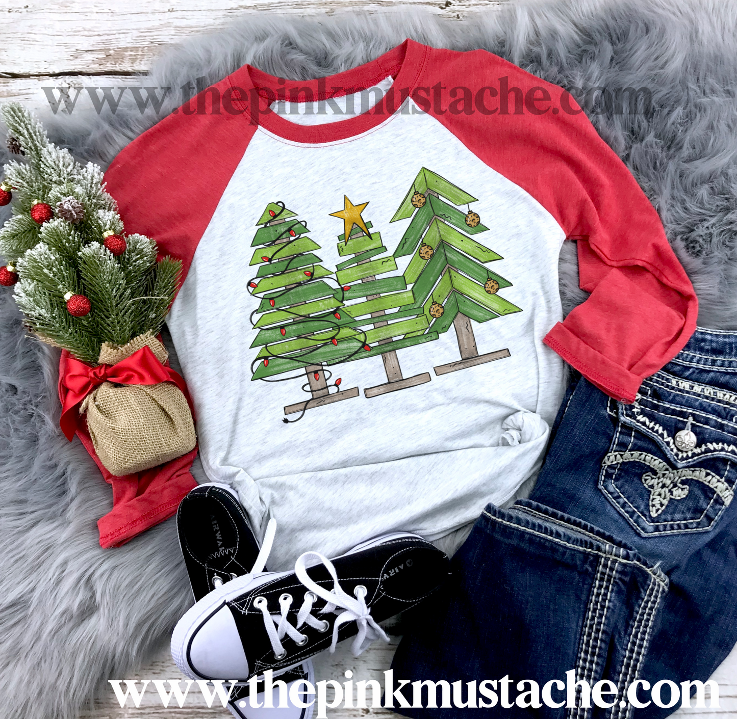 Cute Wooden Christmas Tree Raglan /Youth and Adult Sizing/ Christmas Boutique Graphic Raglan