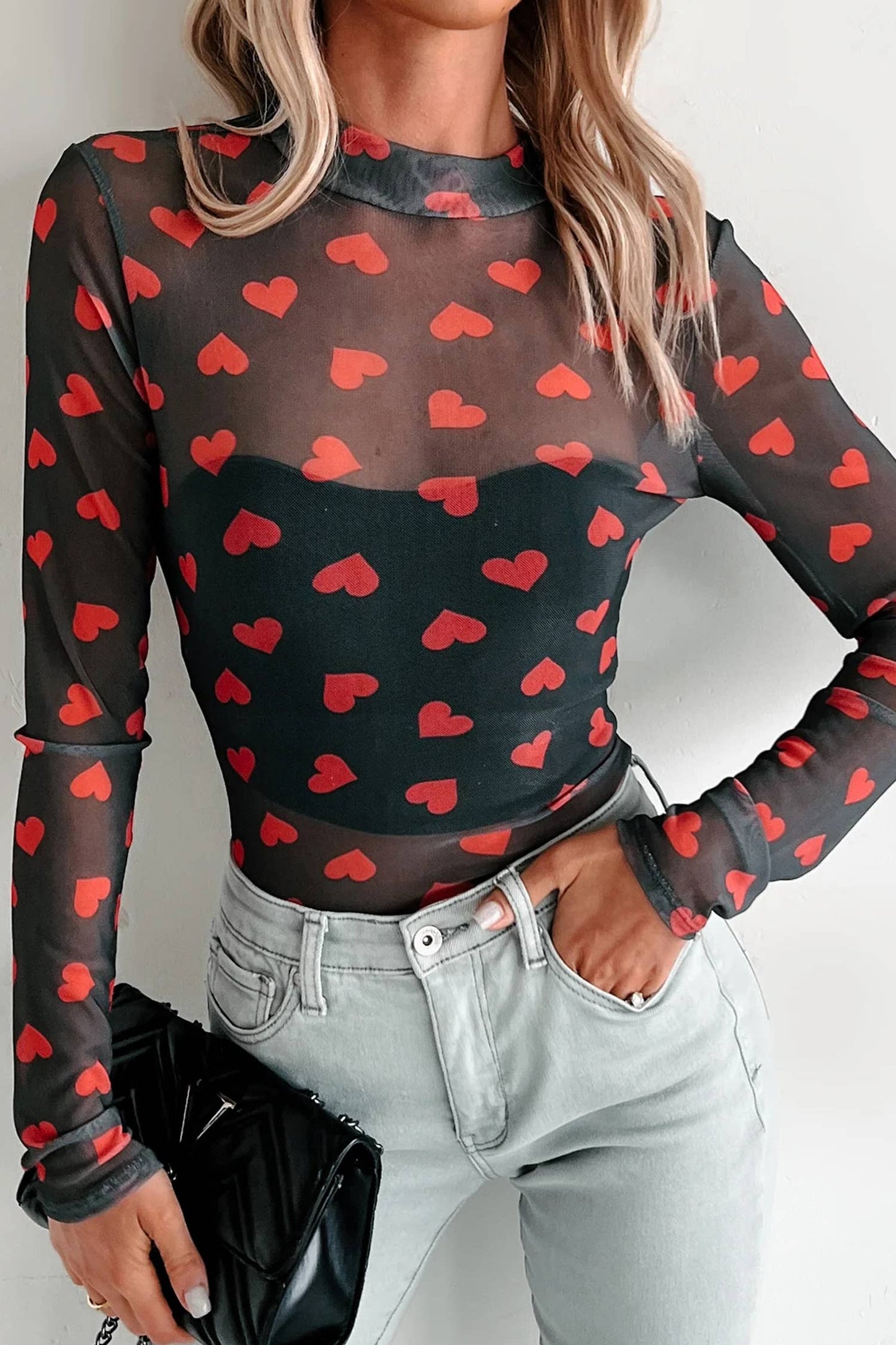 LAS Valentines Heart Sheer Mesh Long Sleeve Top (S-L)