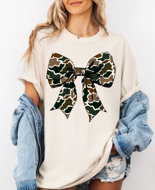 Bella or Comfort Colors Camo Coquette Bow Tee/ Pink Bows / Youth and Adult Sizes /Camouflage Bow Shirt