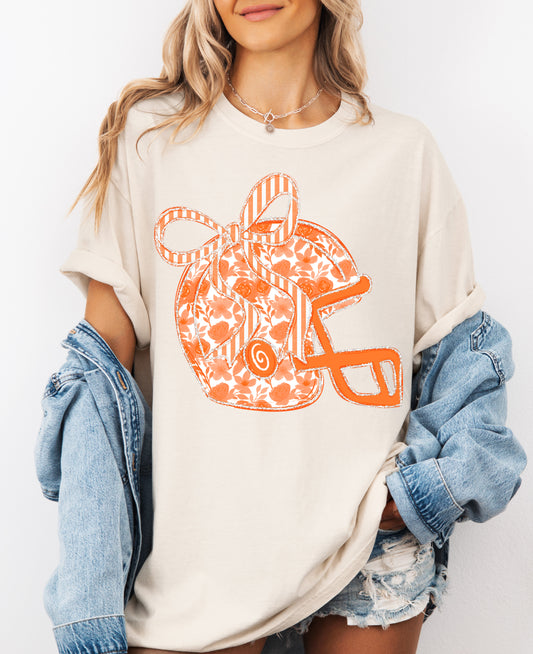 Orange and White Theme - Bella or Comfort Colors Floral Football Helmet Tee/ Youth and Adult Sizes