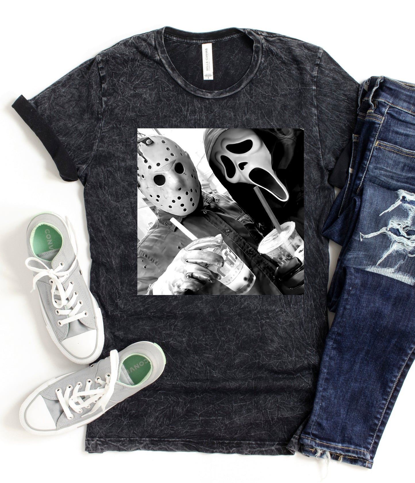 Acid Wash Ghostface and Jason Coffee Halloween Tee/ Vintage Retro Halloween Shirts