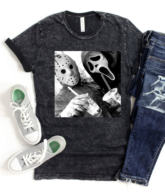 Acid Wash Ghostface and Jason Coffee Halloween Tee/ Vintage Retro Halloween Shirts