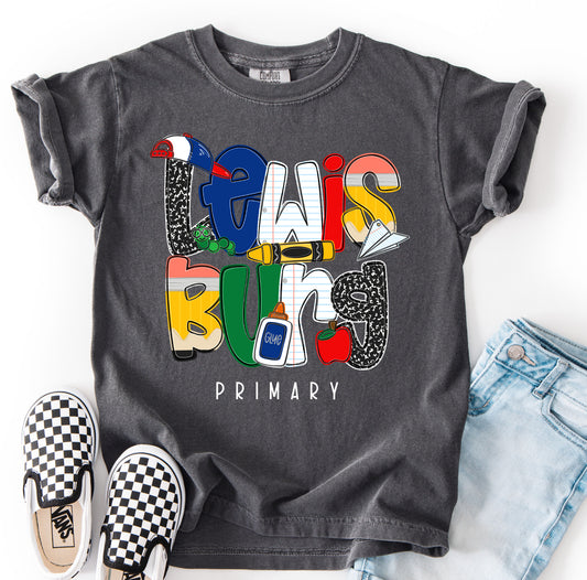 BOYS VERSION Comfort Colors Lewisburg PRIMARY (OR ANY OTHER SCHOOL) Specific School Tee  - YOUTH and ADULT SIZING