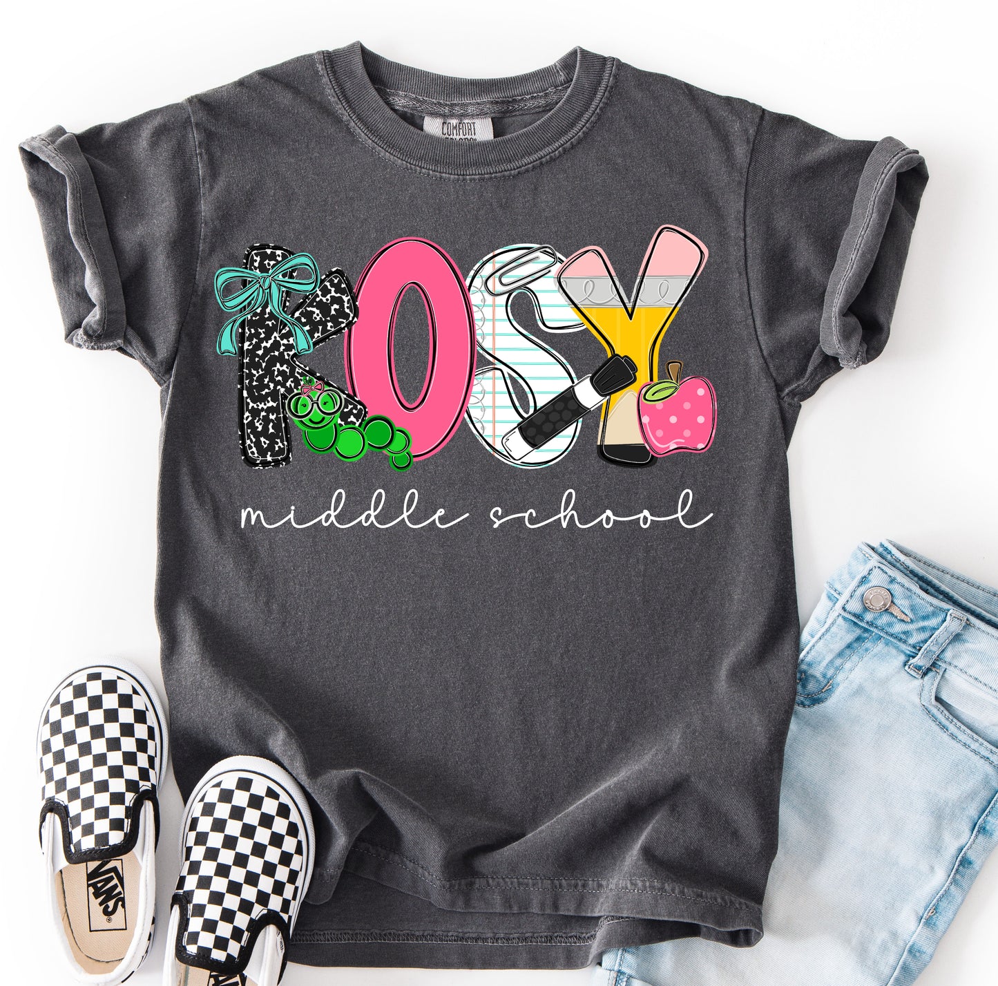 Comfort Colors Kosy Middle (OR ANY OTHER SCHOOL) Specific School Tee  - YOUTH and ADULT SIZING - Multiple Color Options