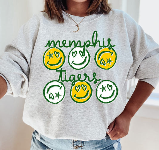 Memphis Tigers Smiley Baseball Sweatshirt/ Bella Canvas or Gildan Brand