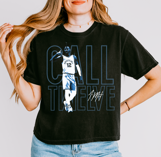 Boxy Crop Ja Call 12 - Call Twelve Black and White Basketball Memphis Tee/ Sizes /Grizzlies