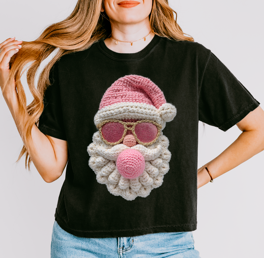 Boxy Crop Faux Yarn Christmas Santa Bubble Gum Tee/ Adult Sizes