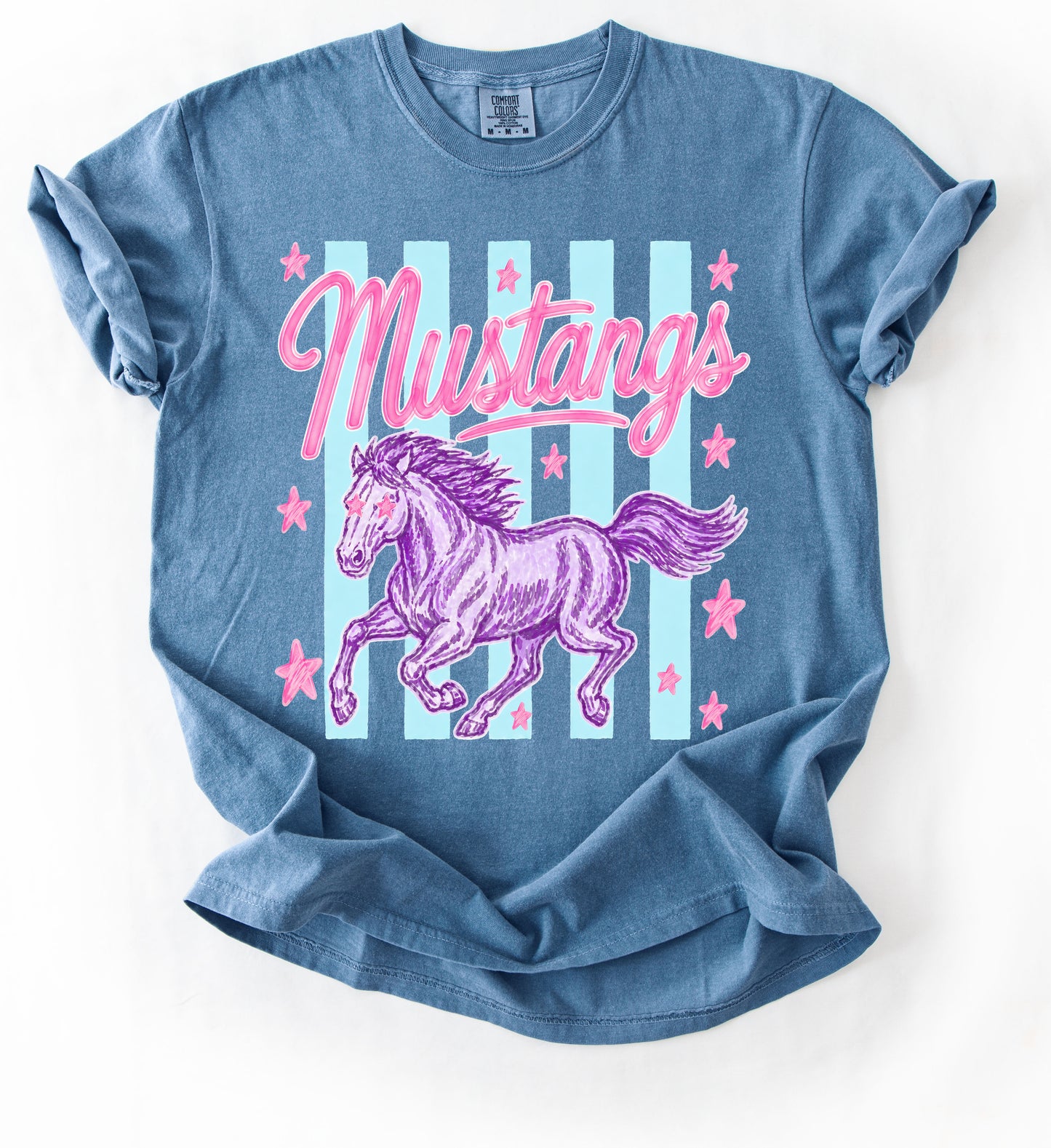 Comfort Colors Mustangs Striped Design Tee/Mustangs Mascot Shirts/ Youth and Adult Sizes - Center Hill Mustangs/ Houston Mustangs