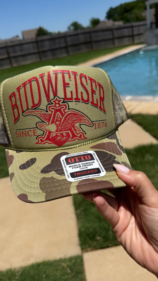 Camo Bud Vintage Style Trucker Hat/ Gifts for Her/ Vintage Beer Style Hat