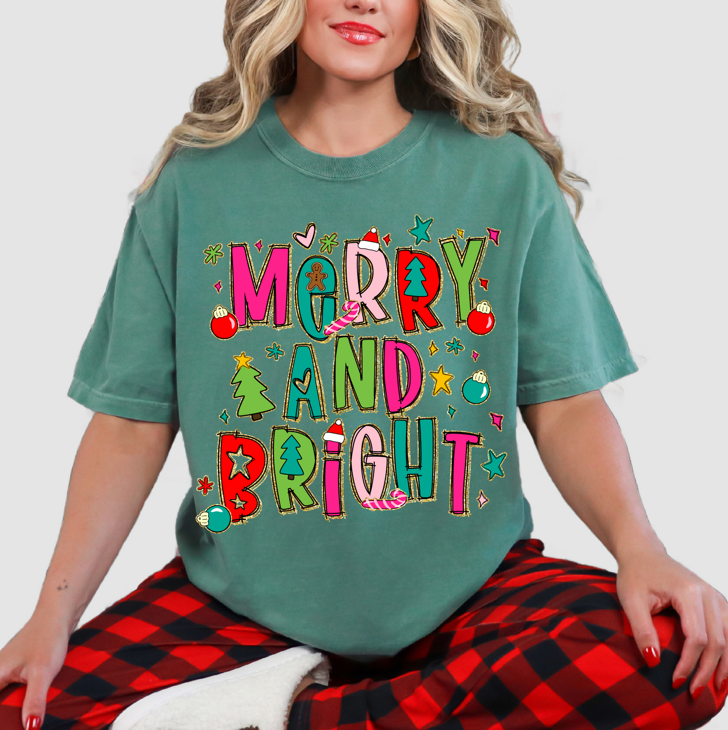 Comfort Colors Merry and Bright Tee/ Short or Long Sleeve Option - Printed Tee