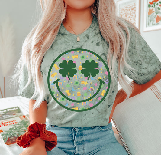 St. Patricks Day Happy Face Lucky Charms Smiley Comfort Colors Color Blast Distressed Tee- Sizes and Inventory Limited