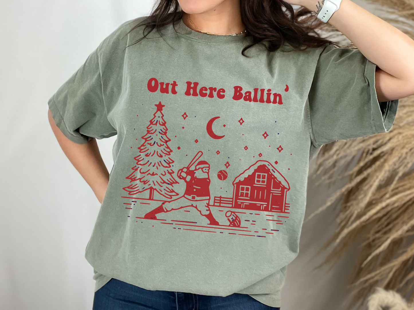 Comfort Colors Out Here Ballin' Christmas Santa Baseball Shirt/ Youth and Adult Sizes
