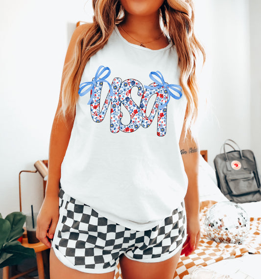 Comfort Colors USA Floral Bow Tank Top / Memorial Day or July 4th Tank/ 4th Of July