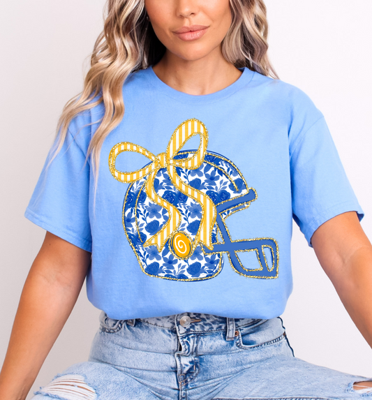 Bella or Comfort Colors Floral Football Helmet Tee/ Youth and Adult Sizes /Royal Blue and Yellow